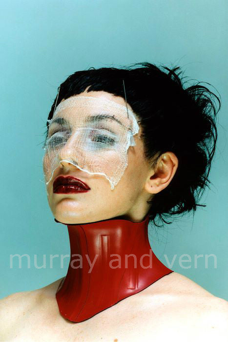 Red latex neck corset posture collar with adjustable eyelet back and flexible boning